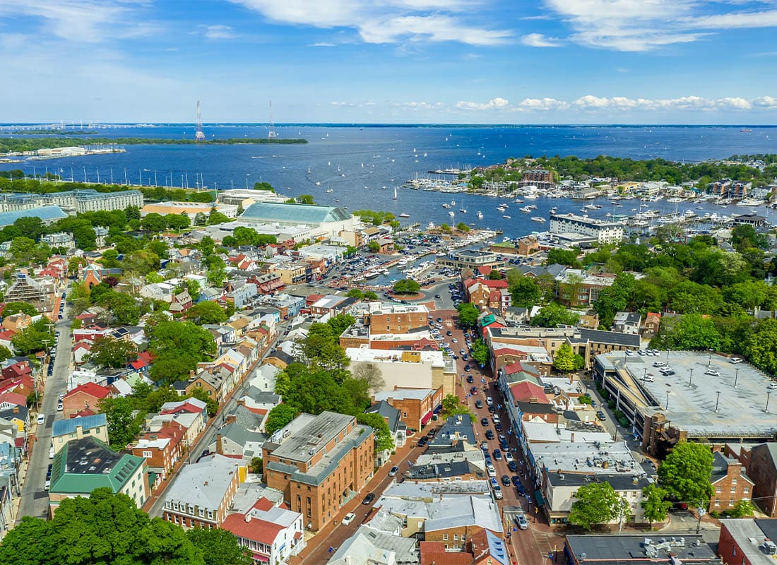 Annapolis, MD - Aerial View of Downtown Annapolis the Capitol of Maryland on a Sunny Afternoon